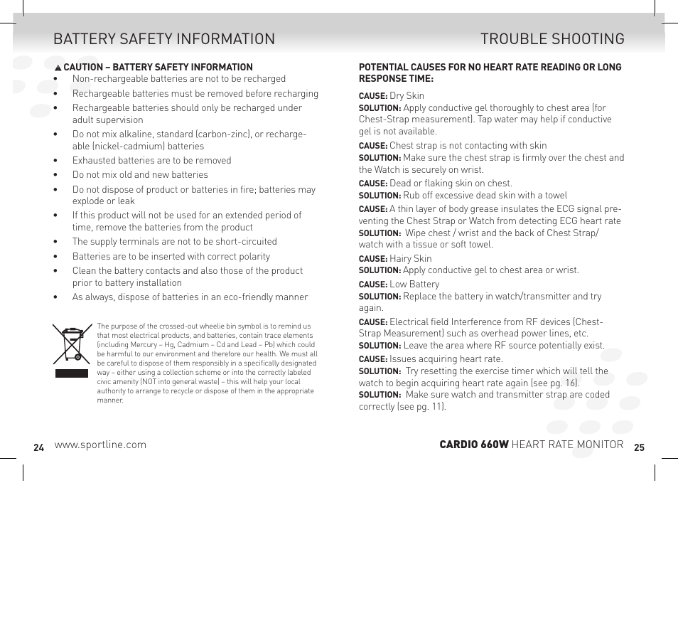 Trouble shooting battery safety information | Sportline Cardio 660 Women's Heart Rate Monitor SP1449S015SPO User Manual | Page 13 / 15