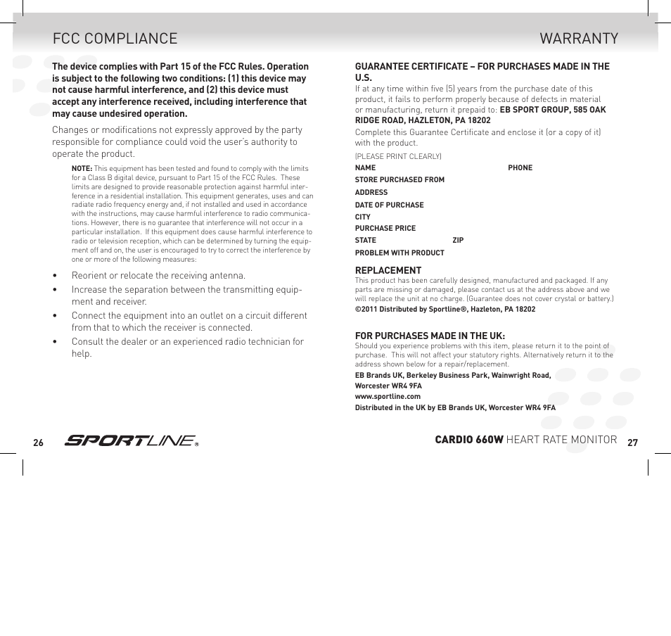 Warranty fcc compliance, Cardio 660w heart rate monitor | Sportline Cardio 660 Women's Heart Rate Monitor SP1449S015SPO User Manual | Page 14 / 15