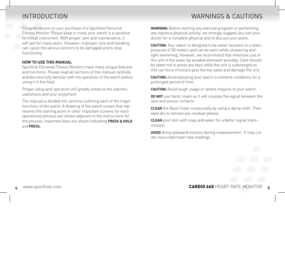 Warnings & cautions introduction | Sportline Cardio 660 Women's Heart Rate Monitor SP1449S015SPO User Manual | Page 3 / 15