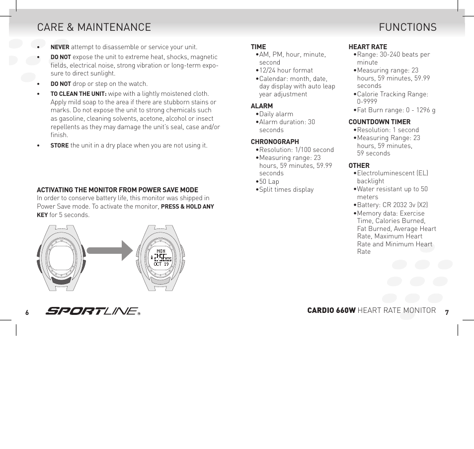 Functions care & maintenance | Sportline Cardio 660 Women's Heart Rate Monitor SP1449S015SPO User Manual | Page 4 / 15