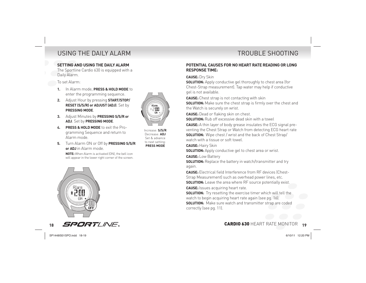 Using the daily alarm, Trouble shooting | Sportline CARDIO 630 HEART RATE MONITOR SP1448IS01SPO User Manual | Page 10 / 13