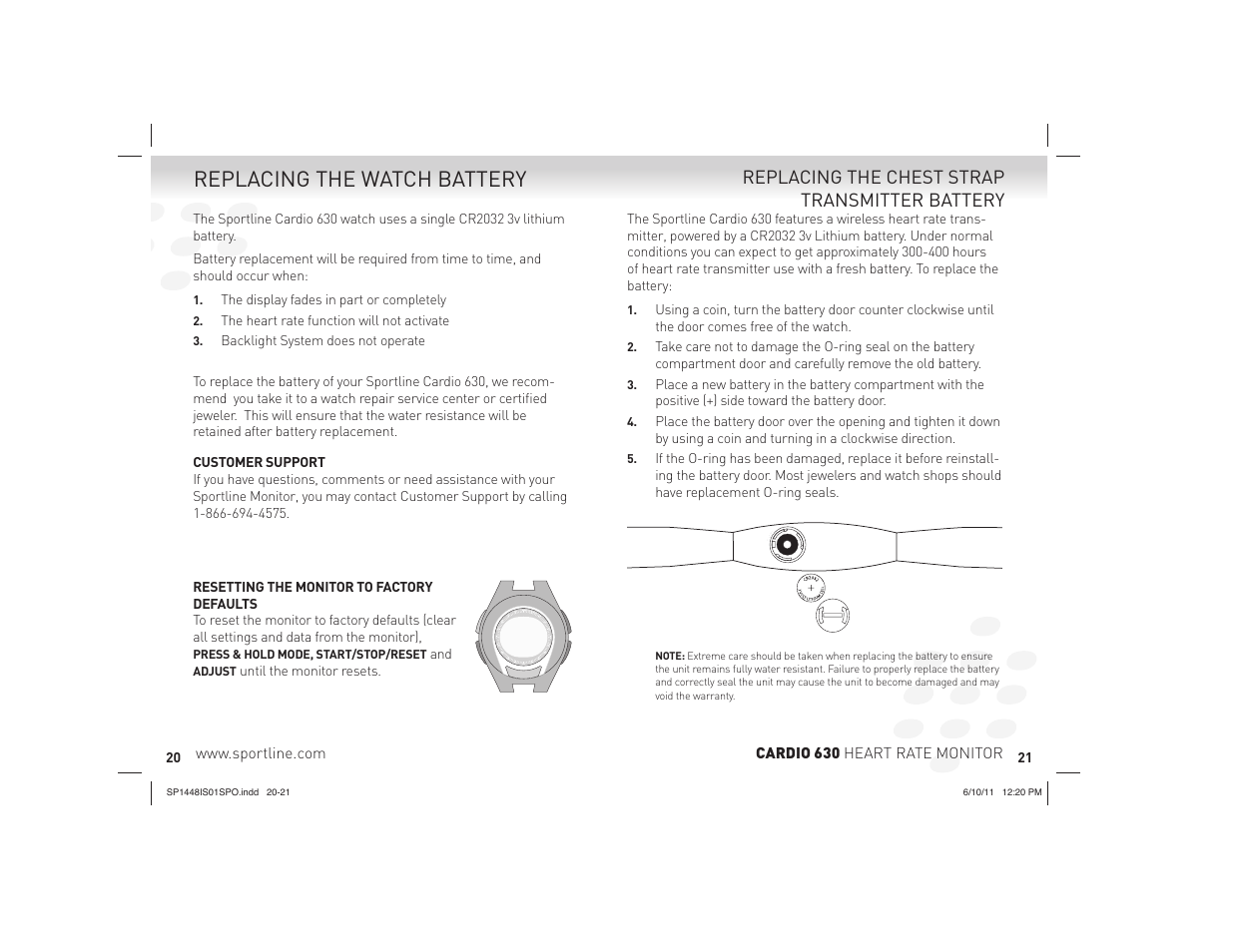 Replacing the watch battery, Replacing the chest strap transmitter battery | Sportline CARDIO 630 HEART RATE MONITOR SP1448IS01SPO User Manual | Page 11 / 13