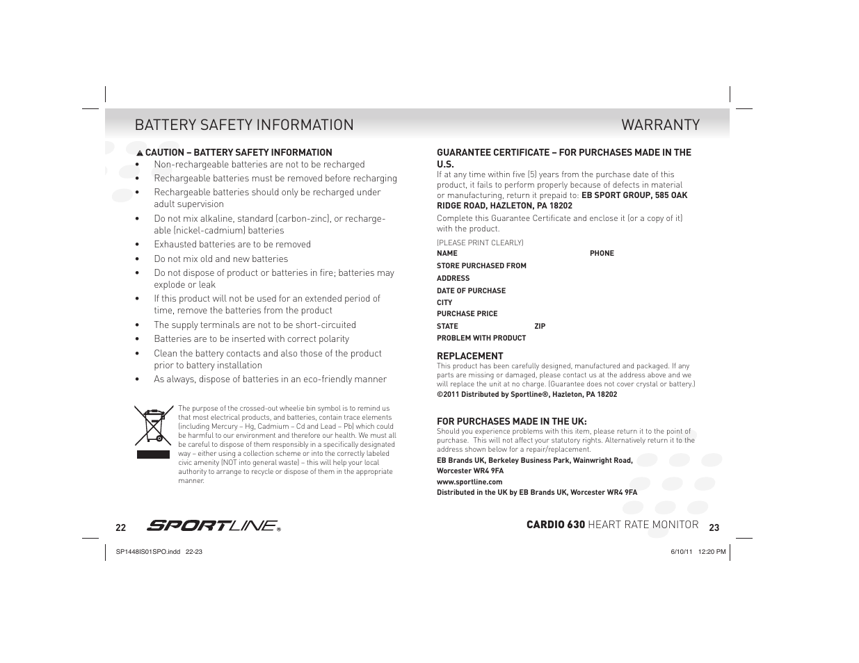 Warranty battery safety information | Sportline CARDIO 630 HEART RATE MONITOR SP1448IS01SPO User Manual | Page 12 / 13