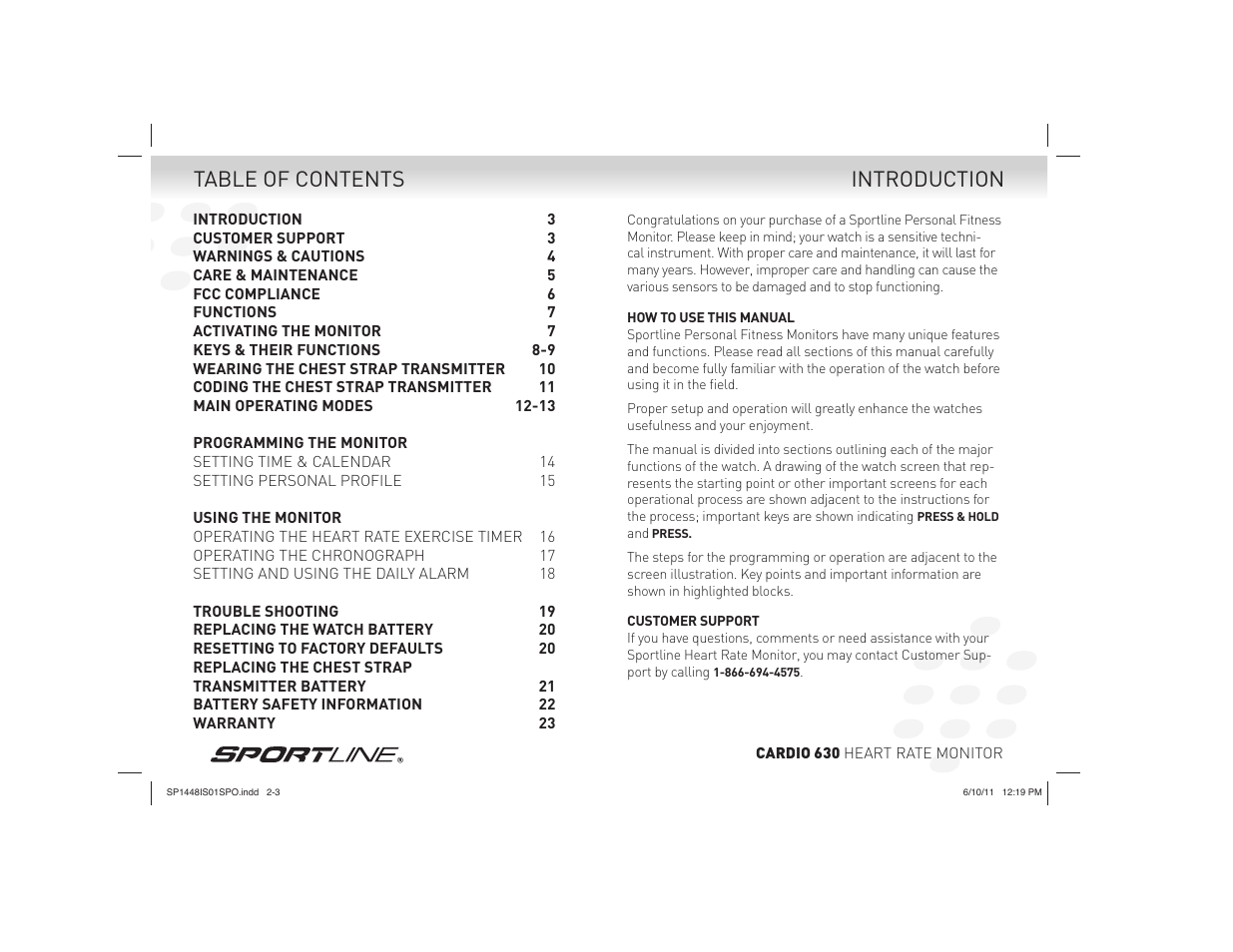 Introduction table of contents | Sportline CARDIO 630 HEART RATE MONITOR SP1448IS01SPO User Manual | Page 2 / 13