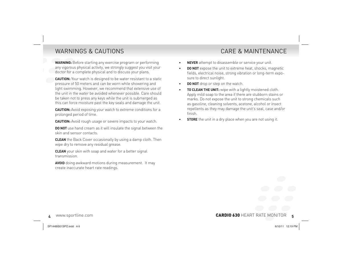 Care & maintenance warnings & cautions | Sportline CARDIO 630 HEART RATE MONITOR SP1448IS01SPO User Manual | Page 3 / 13