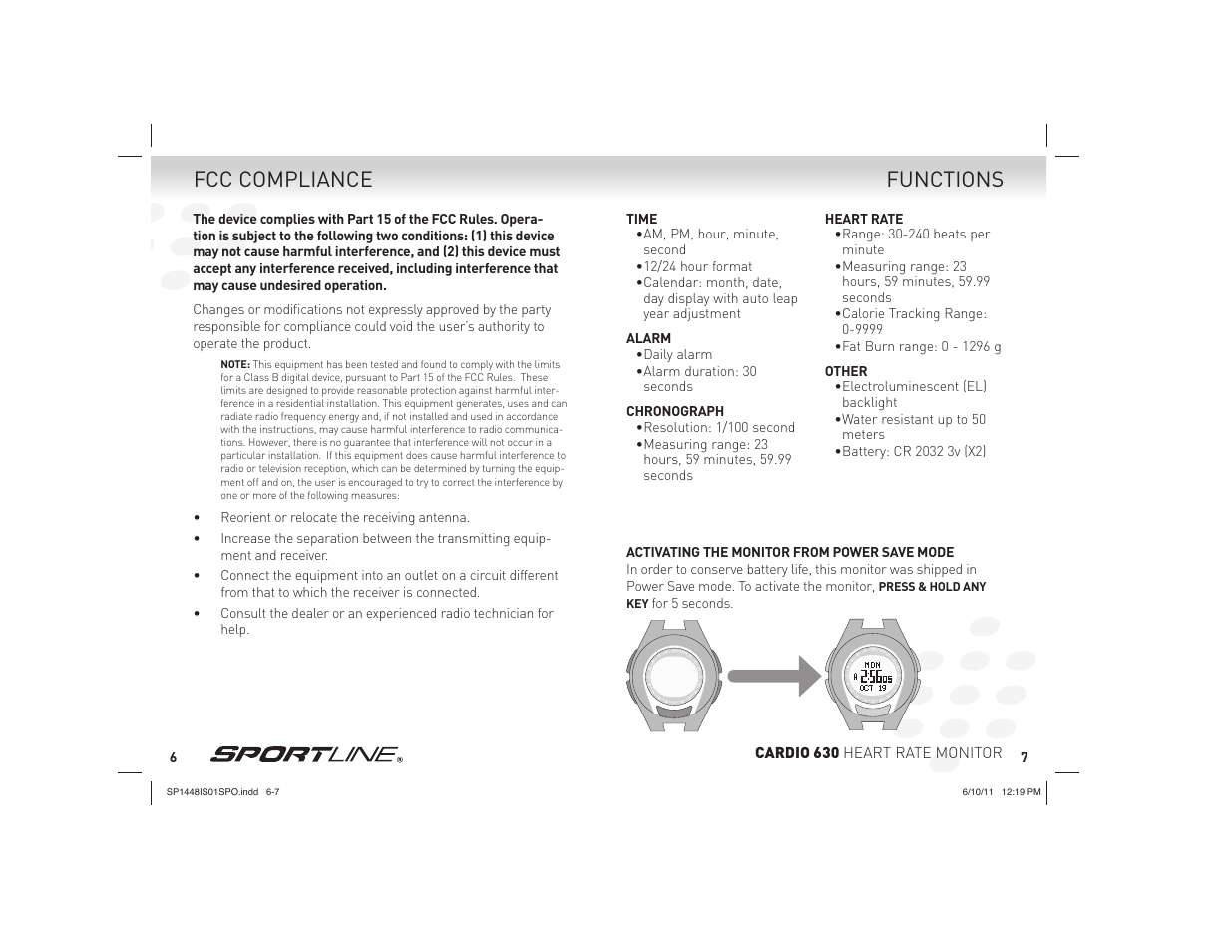 Functions, Fcc compliance | Sportline CARDIO 630 HEART RATE MONITOR SP1448IS01SPO User Manual | Page 4 / 13