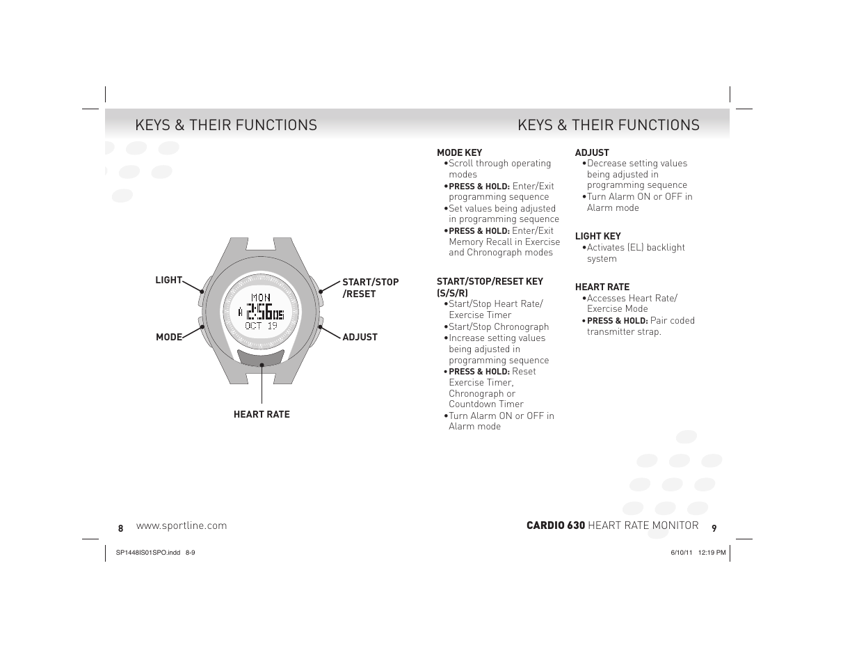 Keys & their functions | Sportline CARDIO 630 HEART RATE MONITOR SP1448IS01SPO User Manual | Page 5 / 13