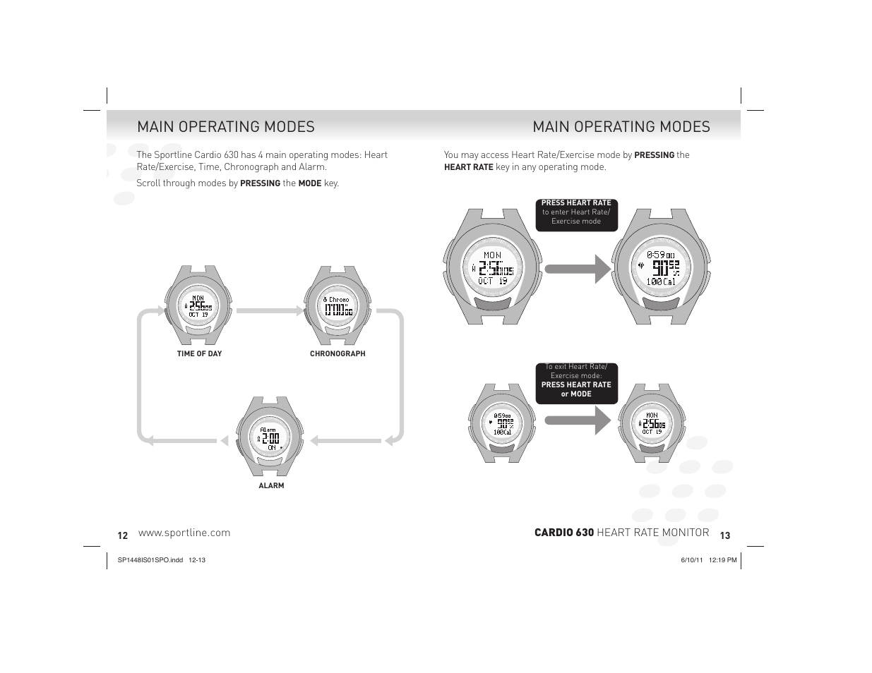 Main operating modes | Sportline CARDIO 630 HEART RATE MONITOR SP1448IS01SPO User Manual | Page 7 / 13