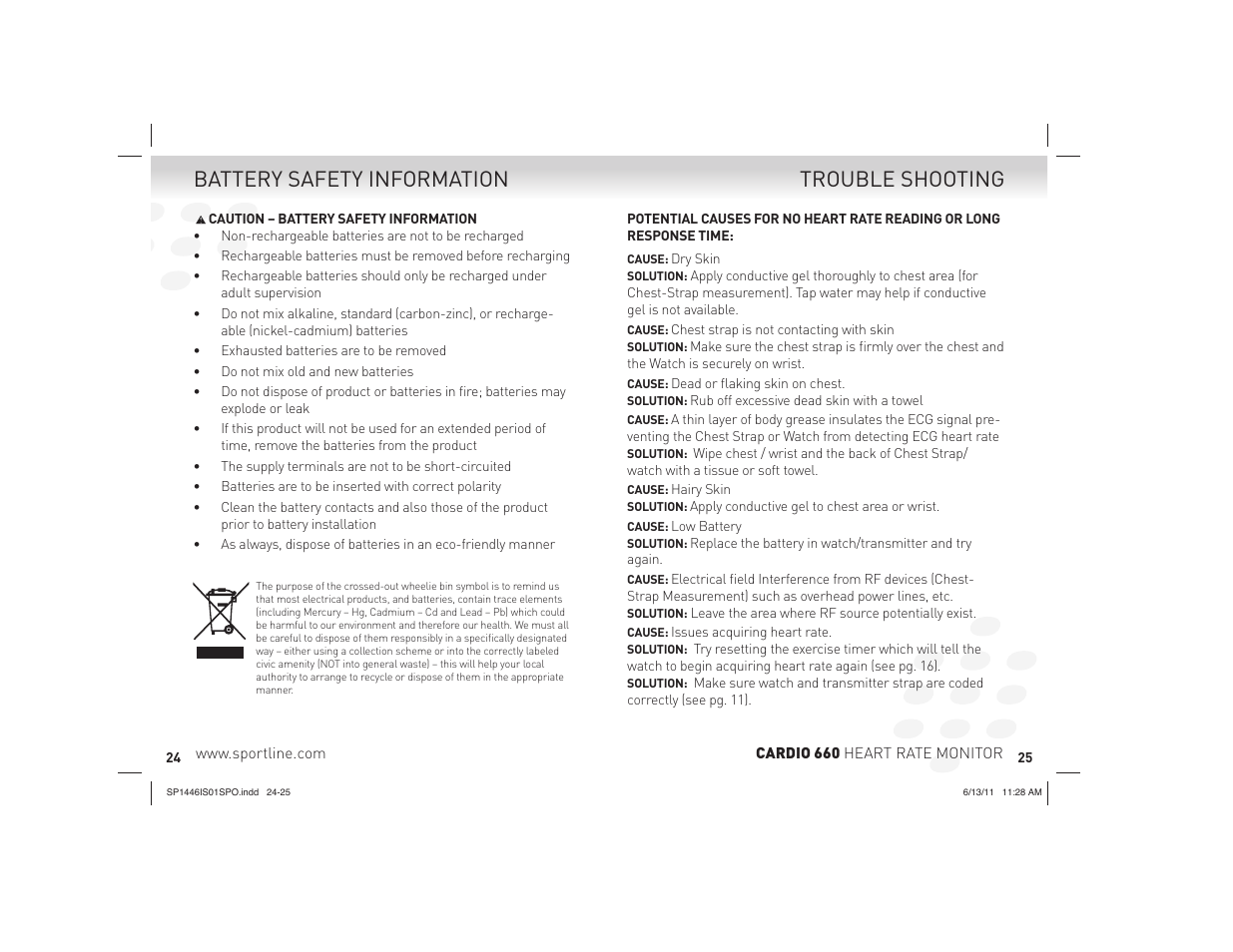 Trouble shooting battery safety information | Sportline Cardio 660 User Manual | Page 13 / 15