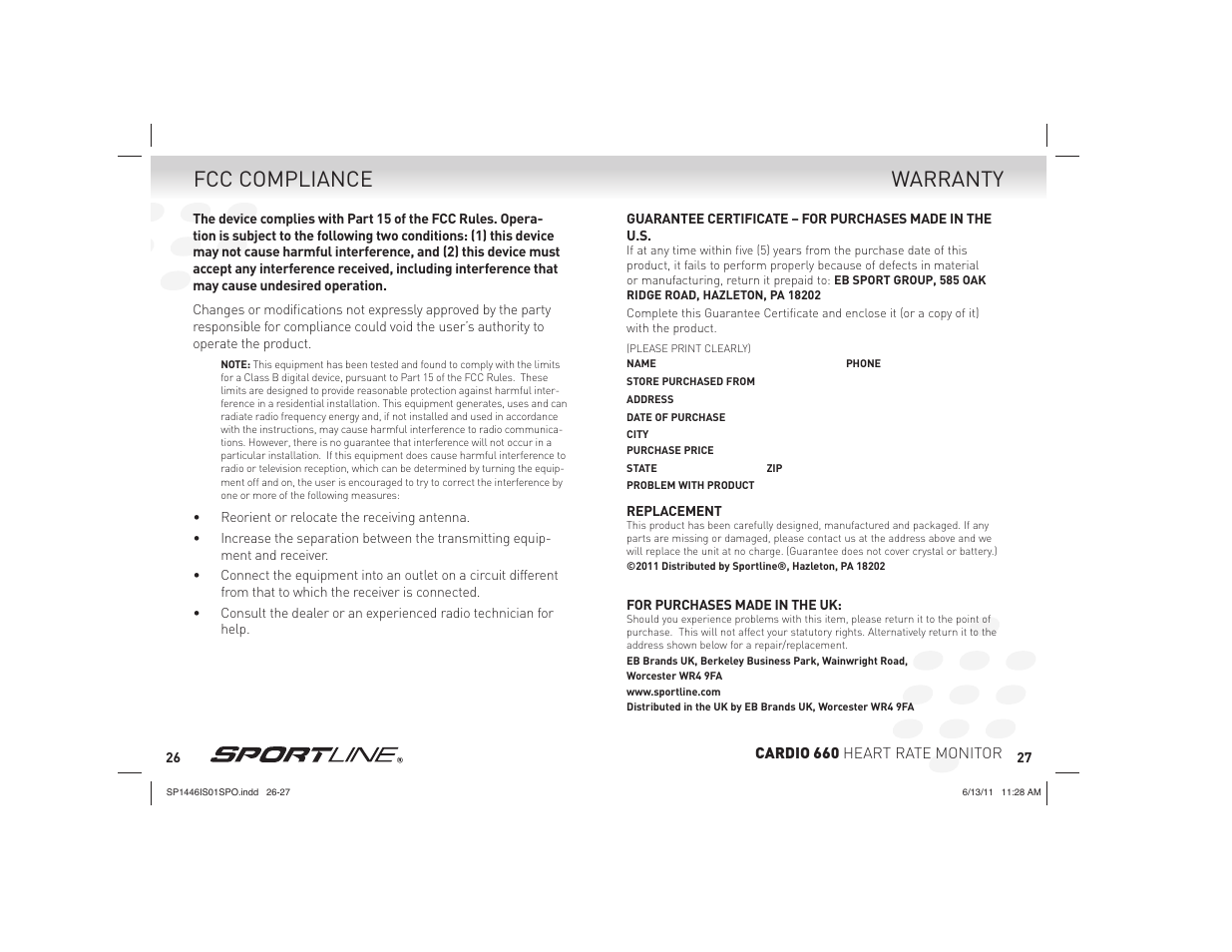 Warranty fcc compliance, Cardio 660 heart rate monitor | Sportline Cardio 660 User Manual | Page 14 / 15