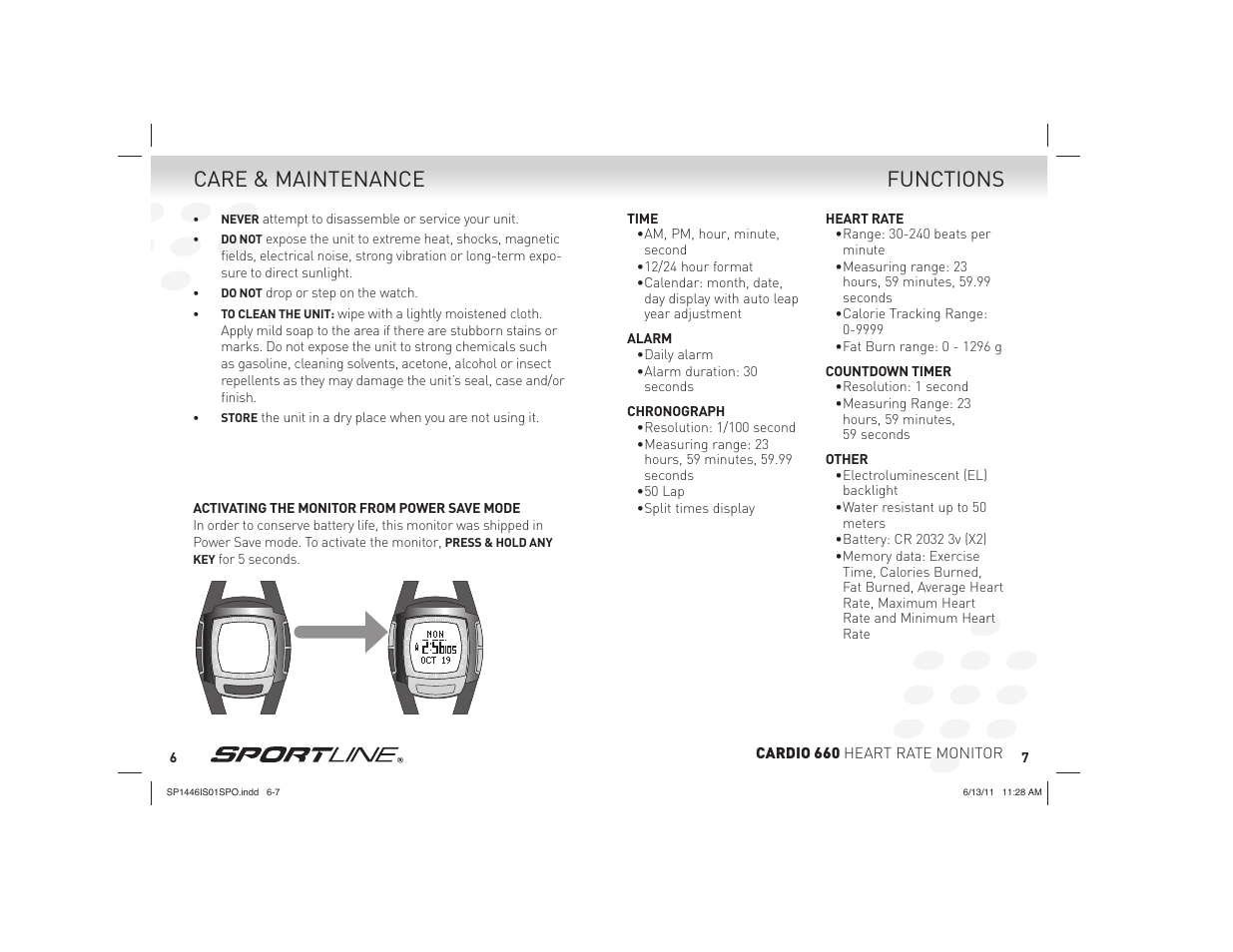 Functions care & maintenance | Sportline Cardio 660 User Manual | Page 4 / 15