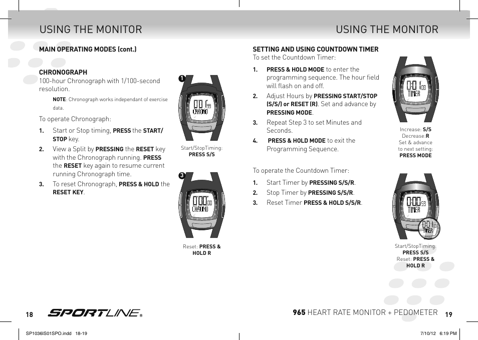 Using the monitor | Sportline Heart RAte Monitor & Pedometer 965 User Manual | Page 10 / 15
