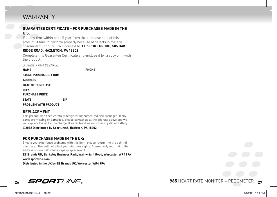 Warranty, 965 heart rate monitor + pedometer | Sportline Heart RAte Monitor & Pedometer 965 User Manual | Page 14 / 15