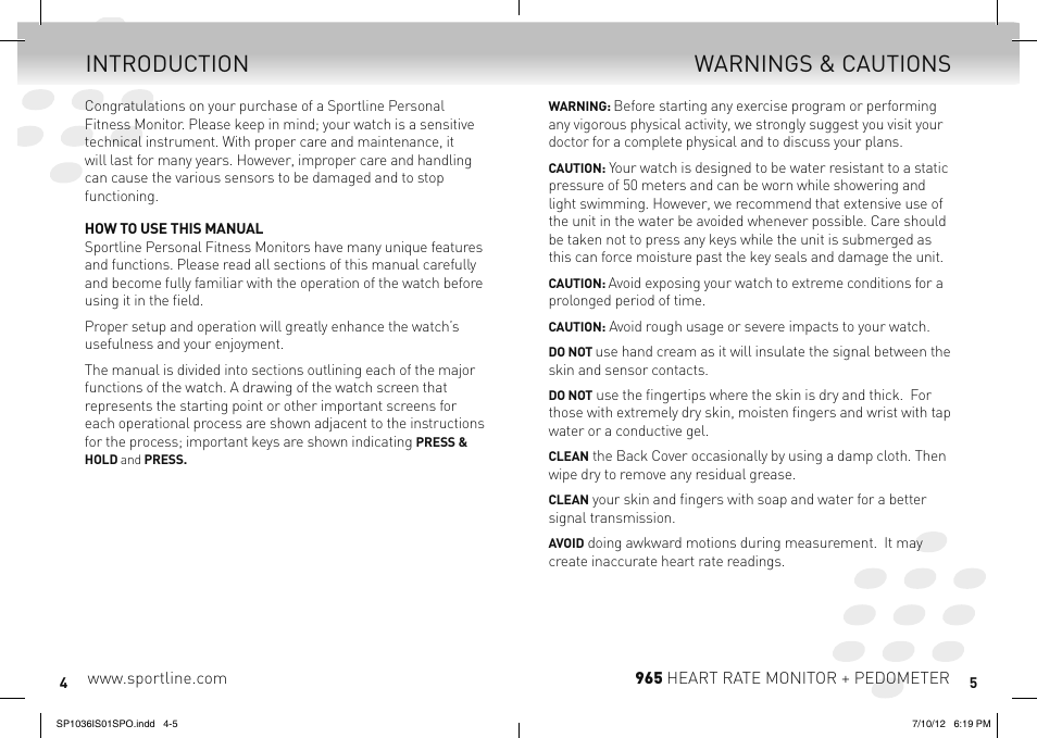 Warnings & cautions introduction | Sportline Heart RAte Monitor & Pedometer 965 User Manual | Page 3 / 15