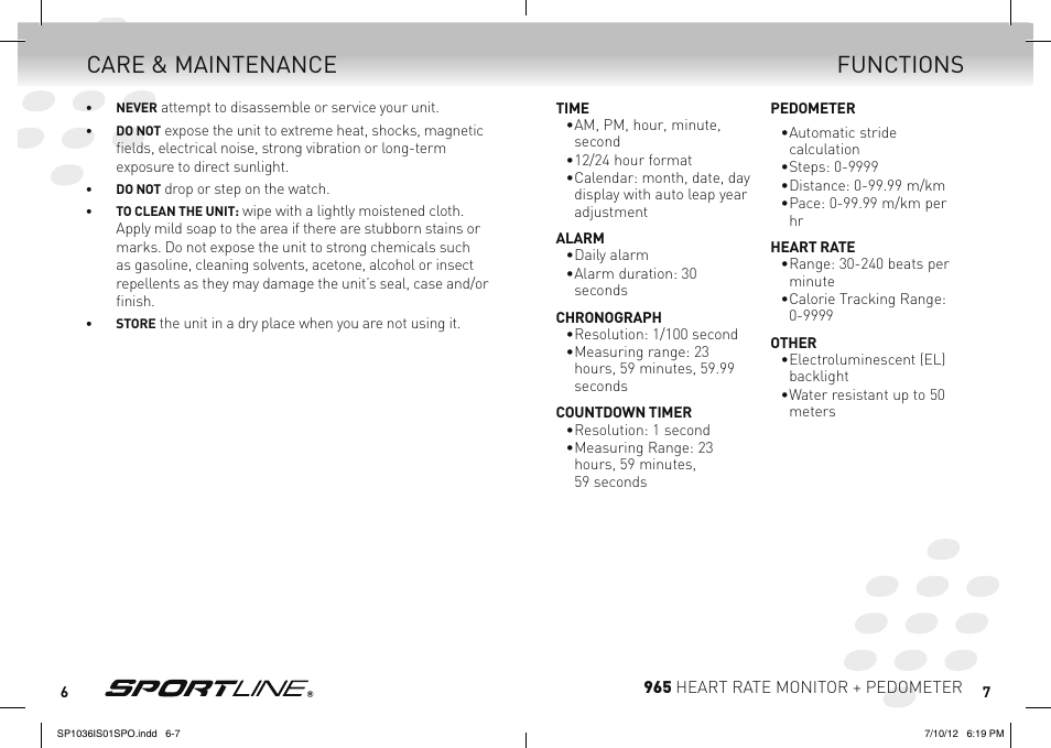 Functions care & maintenance | Sportline Heart RAte Monitor & Pedometer 965 User Manual | Page 4 / 15