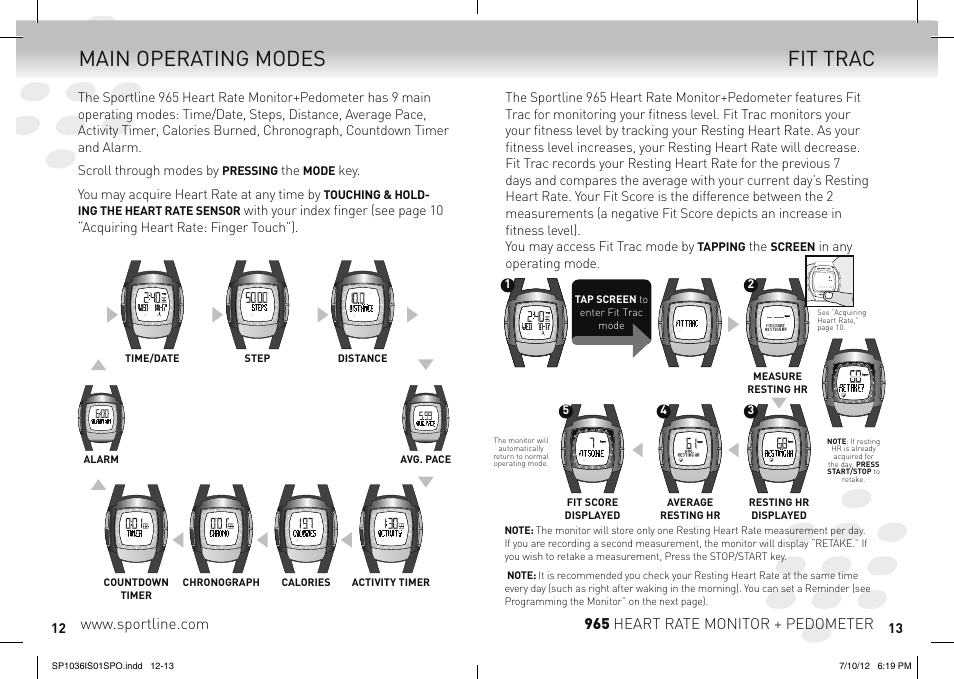 Fit trac main operating modes, 965 heart rate monitor + pedometer | Sportline Heart RAte Monitor & Pedometer 965 User Manual | Page 7 / 15