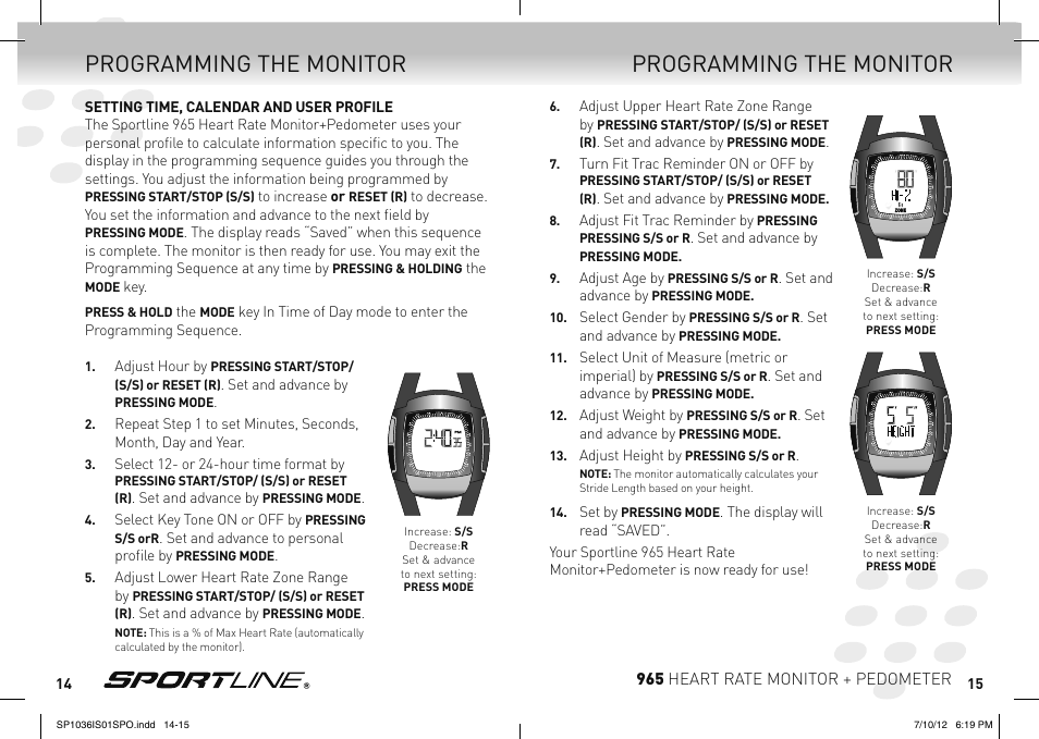 Programming the monitor | Sportline Heart RAte Monitor & Pedometer 965 User Manual | Page 8 / 15