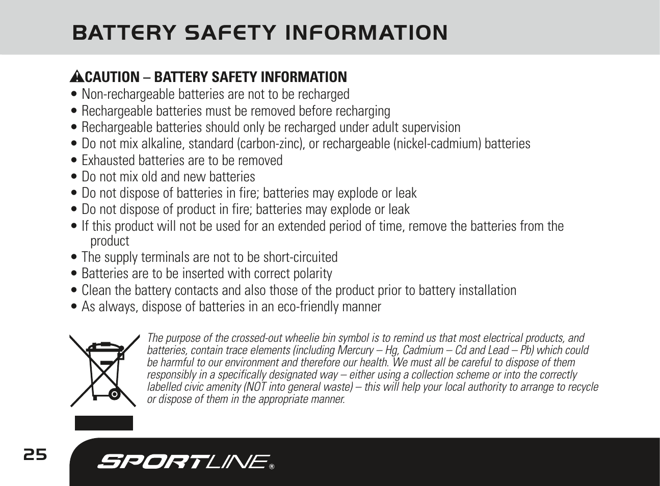 Battery safety information | Sportline DUO 1010 User Manual | Page 28 / 32