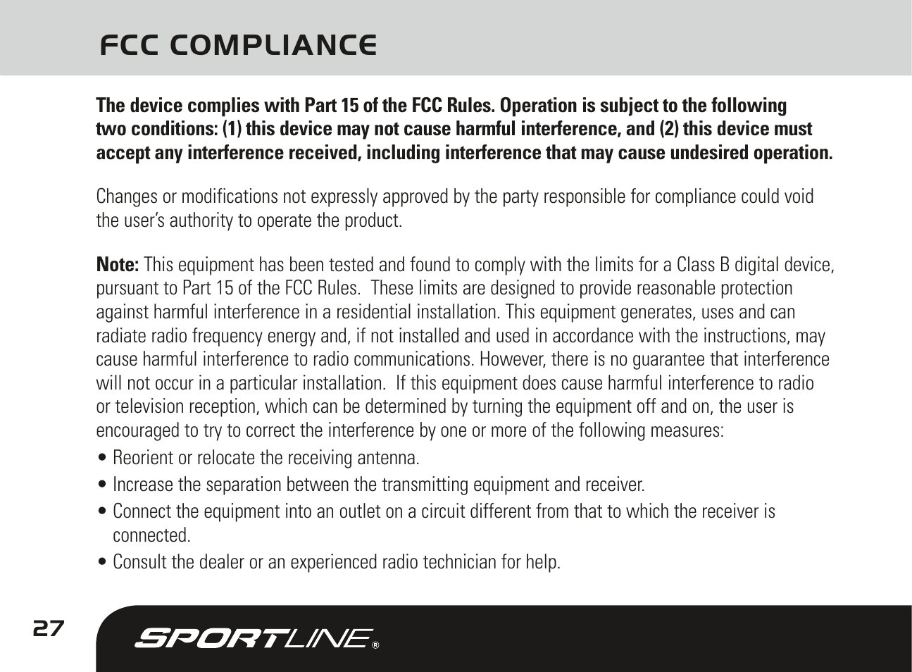 Fcc compliance | Sportline DUO 1010 User Manual | Page 30 / 32