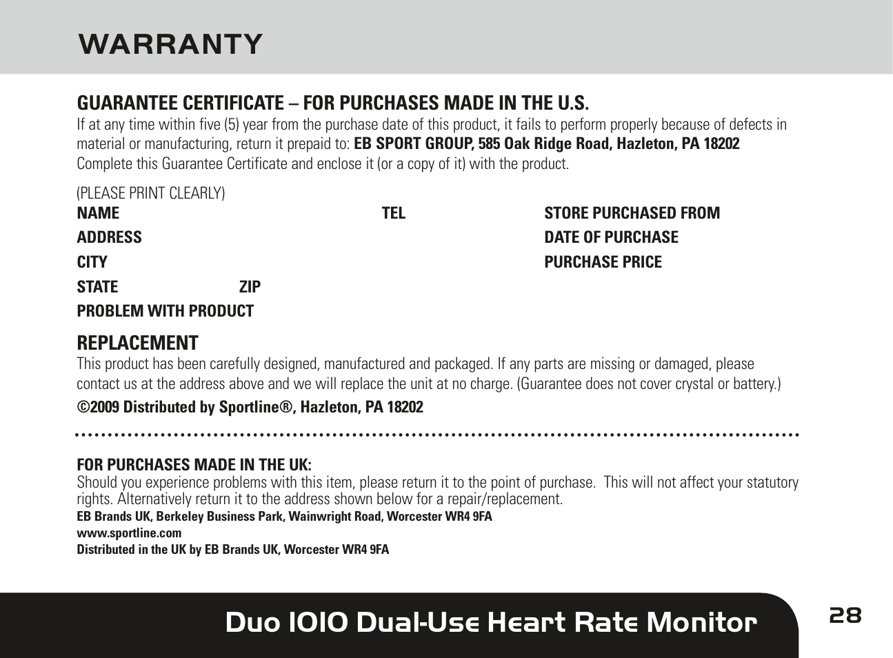 Duo 1010 dual-use heart rate monitor warranty | Sportline DUO 1010 User Manual | Page 31 / 32