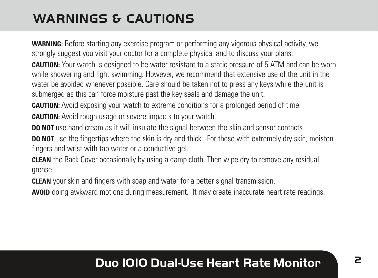 Duo 1010 dual-use heart rate monitor, Warnings & cautions | Sportline DUO 1010 User Manual | Page 5 / 32