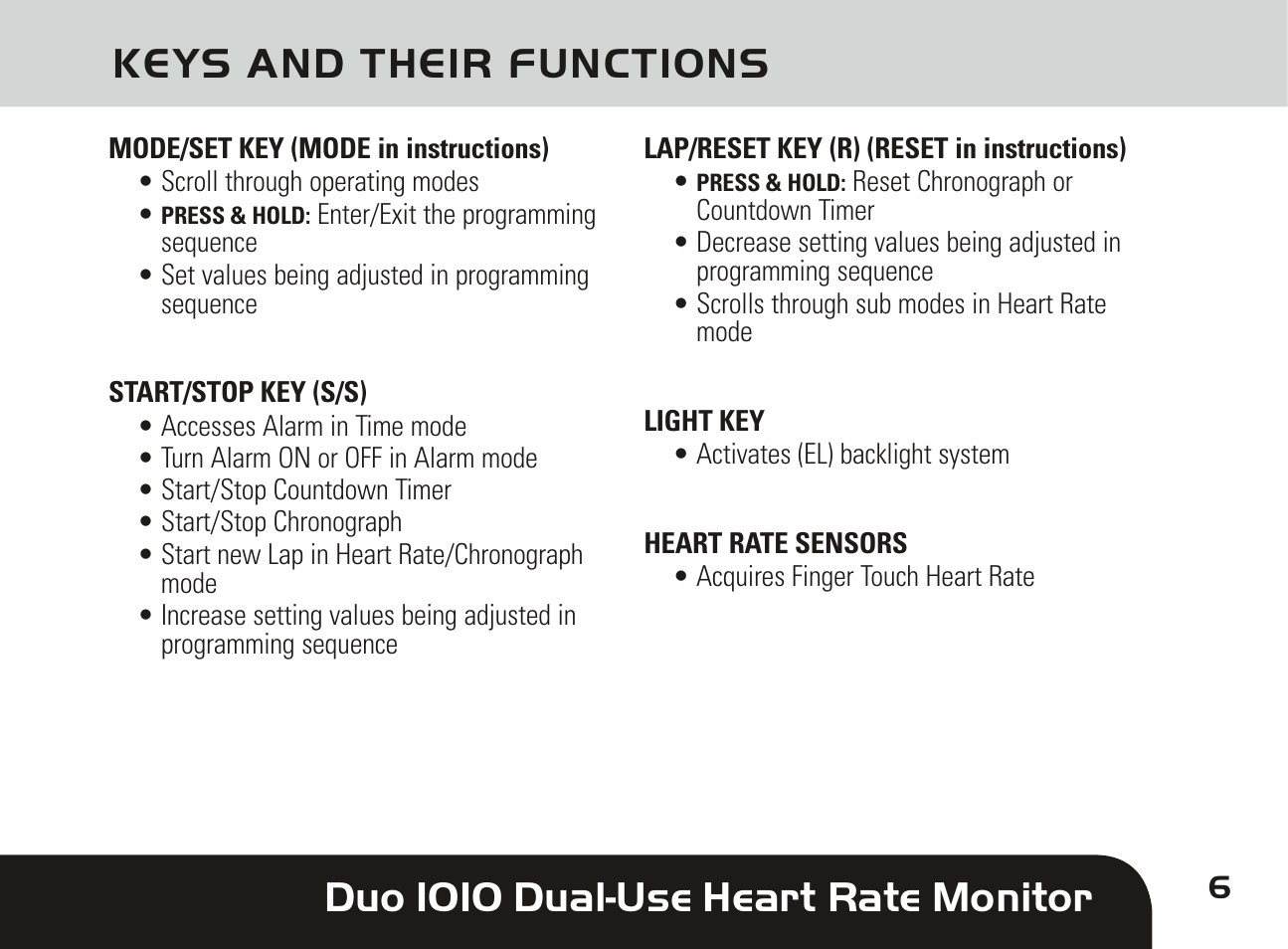 Duo 1010 dual-use heart rate monitor, Keys and their functions | Sportline DUO 1010 User Manual | Page 9 / 32