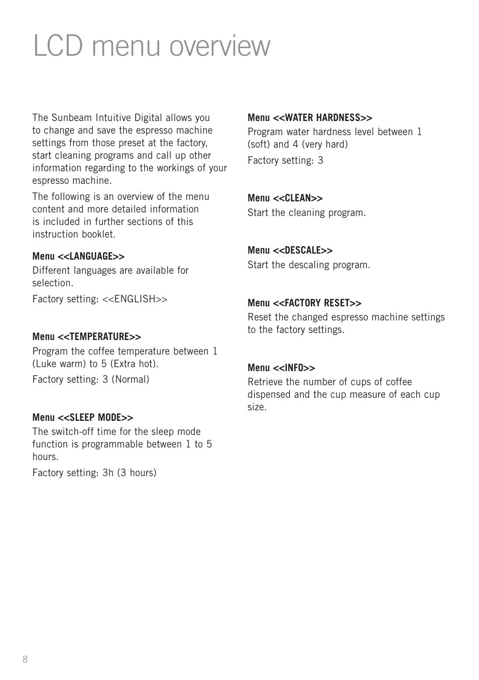 Lcd menu overview | Sunbeam EM8910 User Manual | Page 10 / 52