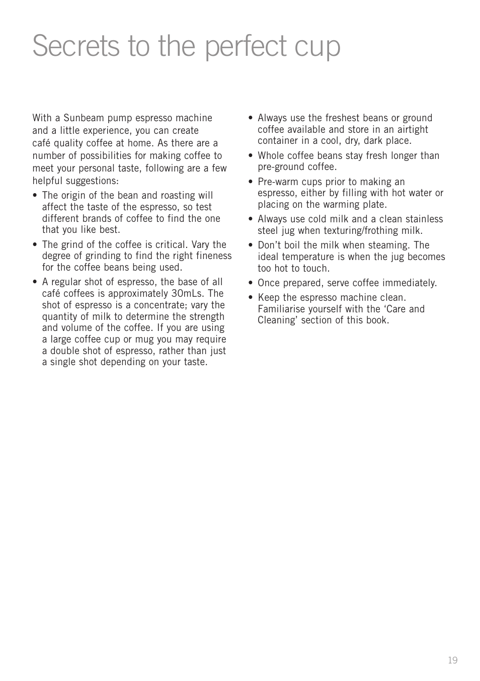 Secrets to the perfect cup | Sunbeam EM8910 User Manual | Page 21 / 52
