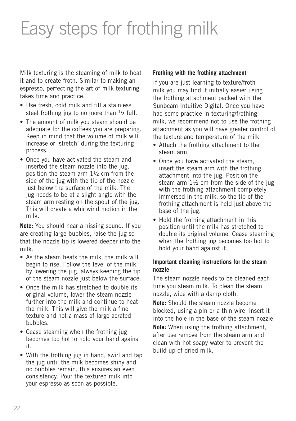 Easy steps for frothing milk | Sunbeam EM8910 User Manual | Page 24 / 52