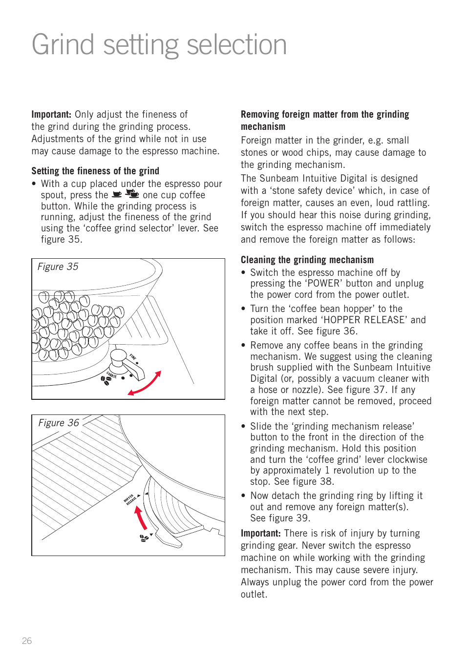 Grind setting selection | Sunbeam EM8910 User Manual | Page 28 / 52