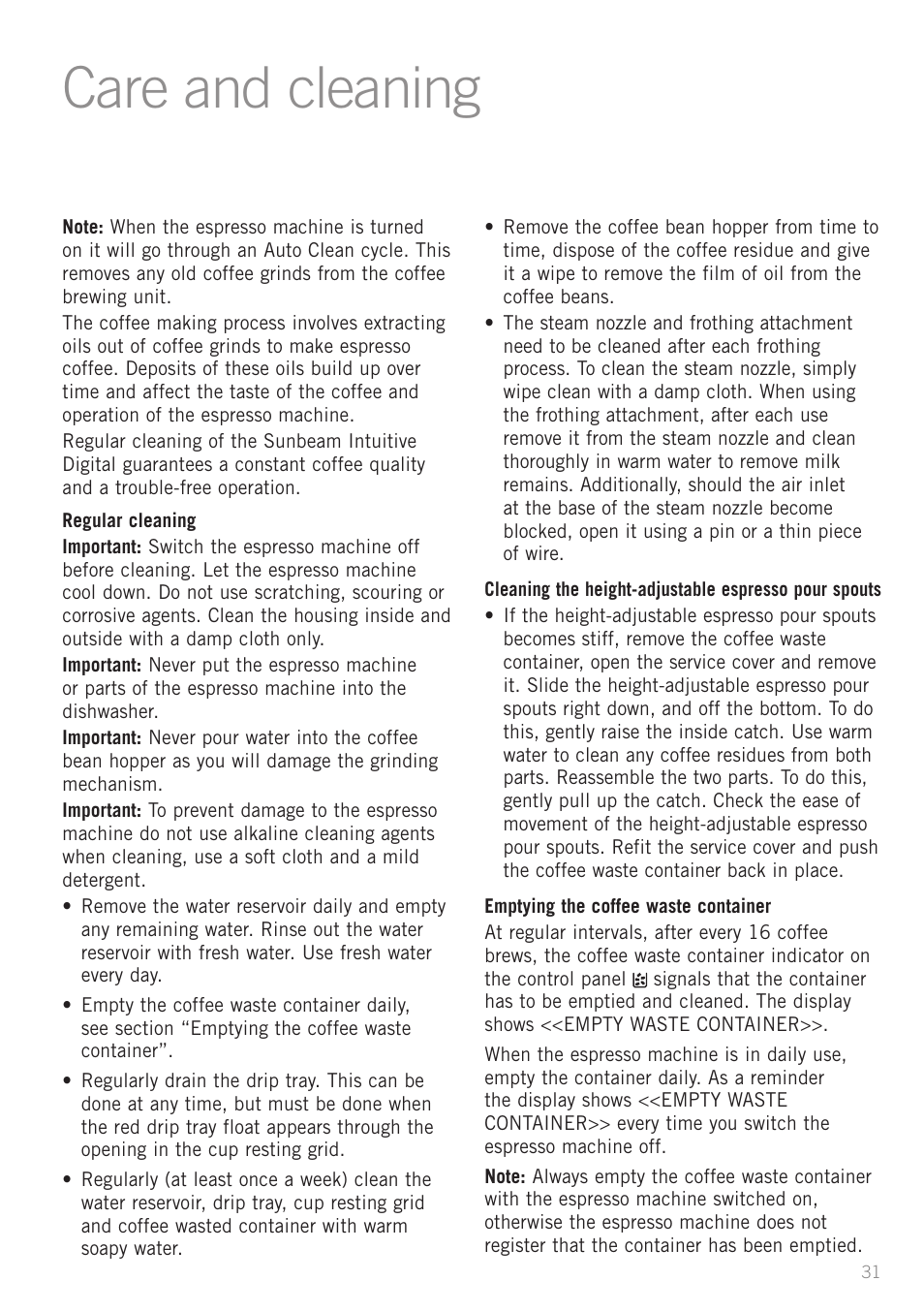 Care and cleaning | Sunbeam EM8910 User Manual | Page 33 / 52