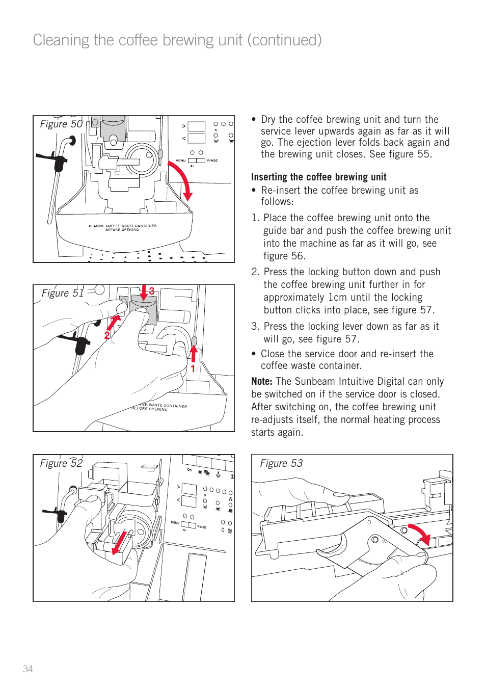 Cleaning the coffee brewing unit (continued) | Sunbeam EM8910 User Manual | Page 36 / 52