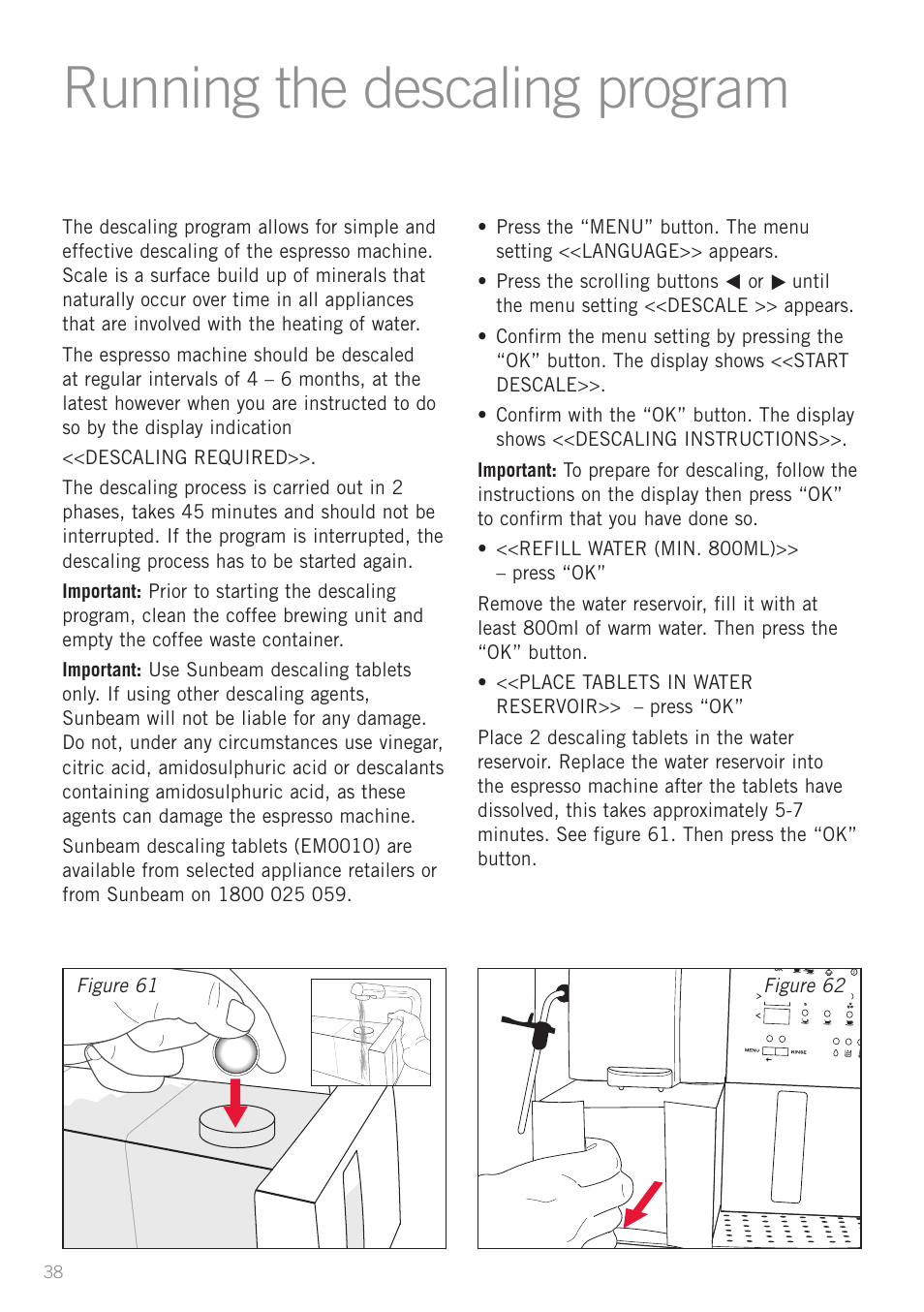 Running the descaling program | Sunbeam EM8910 User Manual | Page 40 / 52
