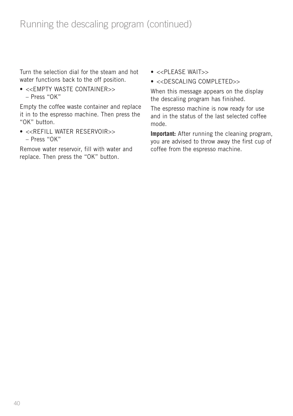 Running the descaling program (continued) | Sunbeam EM8910 User Manual | Page 42 / 52