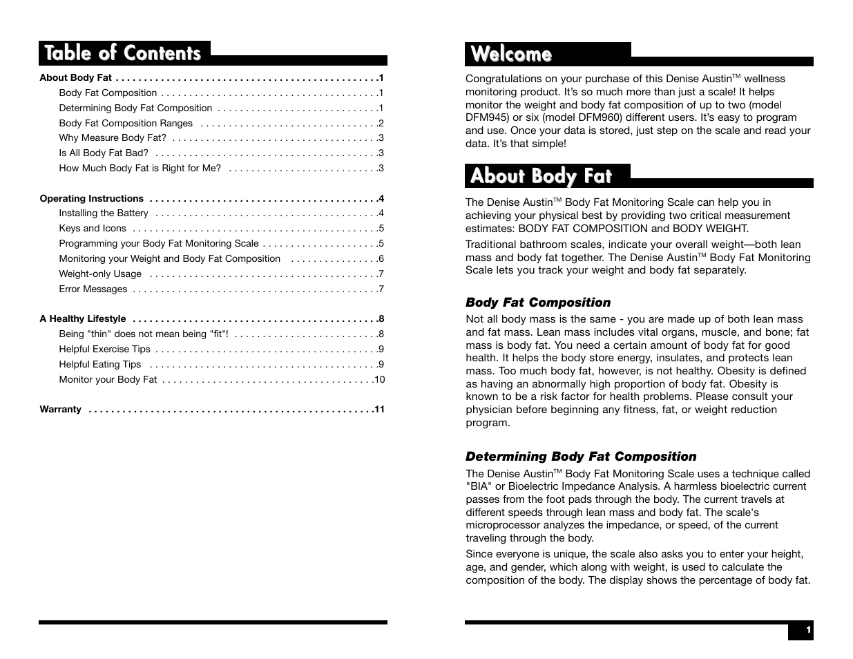 About body fat, Welcome elcome, Table of contents able of contents | Sunbeam DFM960 User Manual | Page 2 / 8