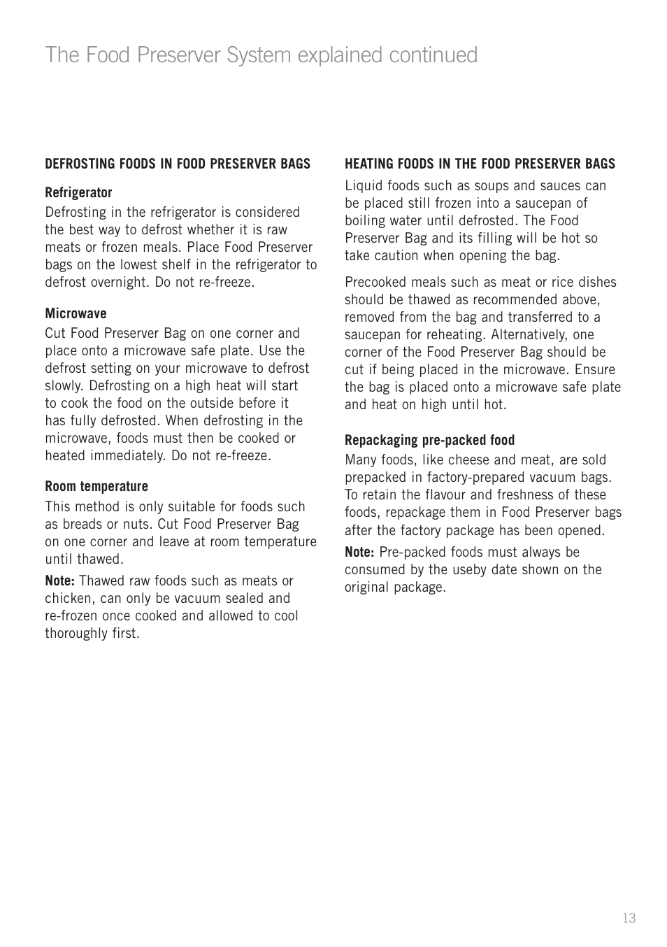 Heading, The food preserver system explained continued | Sunbeam VS5200 User Manual | Page 14 / 20