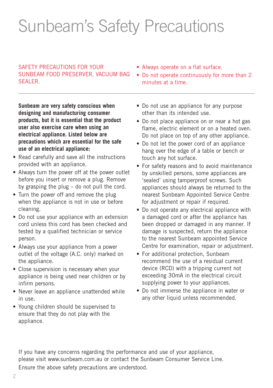 Sunbeam’s safety precautions | Sunbeam VS5200 User Manual | Page 3 / 20