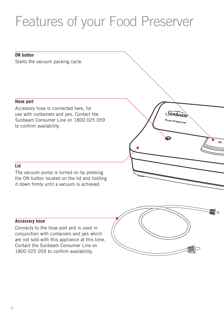 Features of your food preserver | Sunbeam VS5200 User Manual | Page 5 / 20