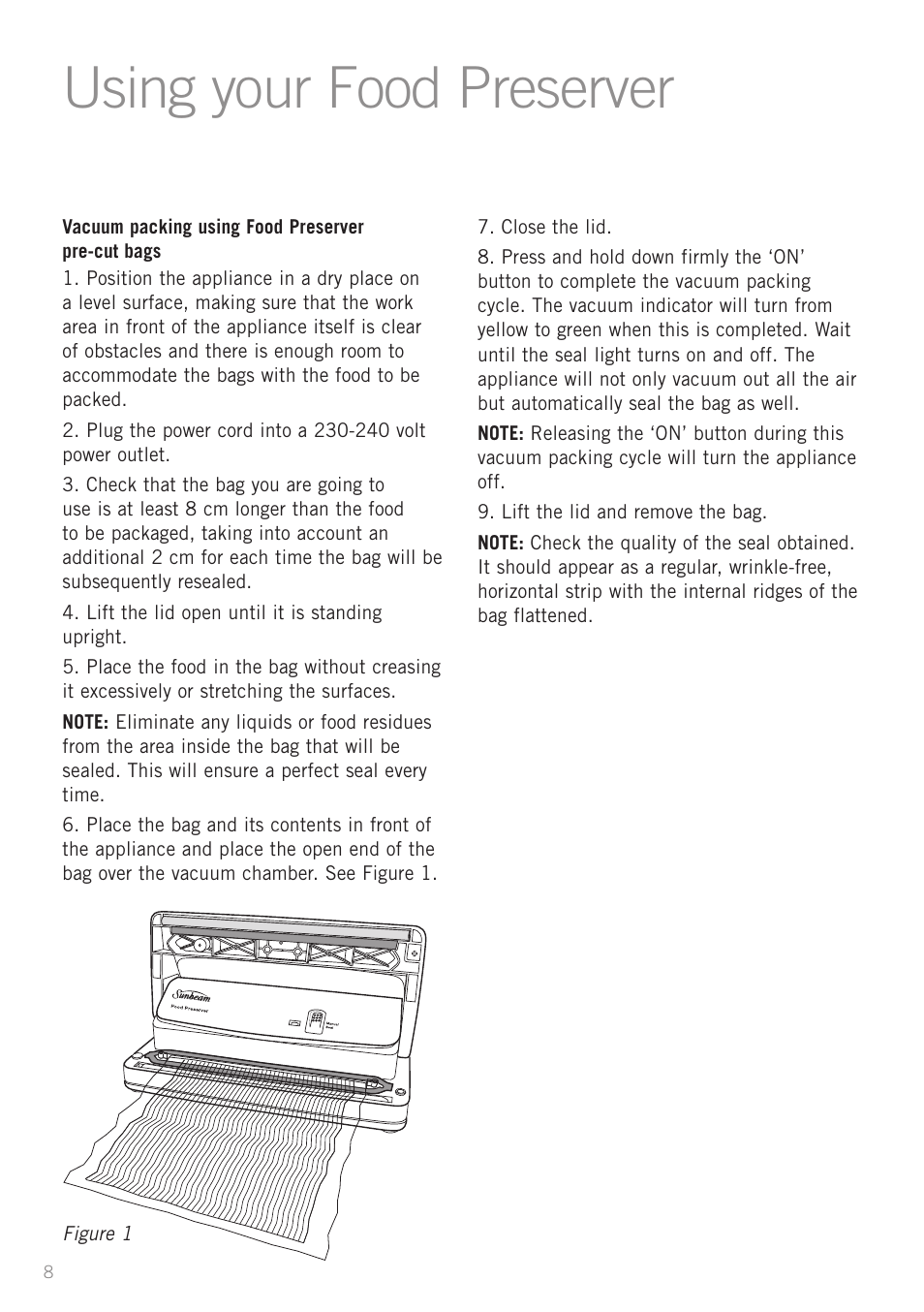 Using your food preserver | Sunbeam VS5200 User Manual | Page 9 / 20