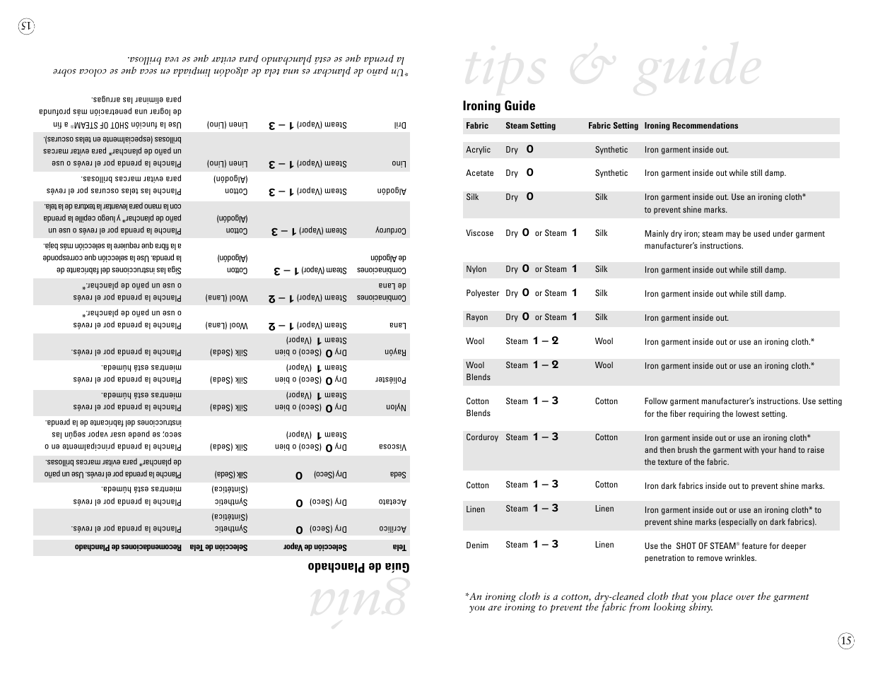 Tips & guide, Guía, Ironing guide | Guía de planchado | Sunbeam 4042 User Manual | Page 17 / 40