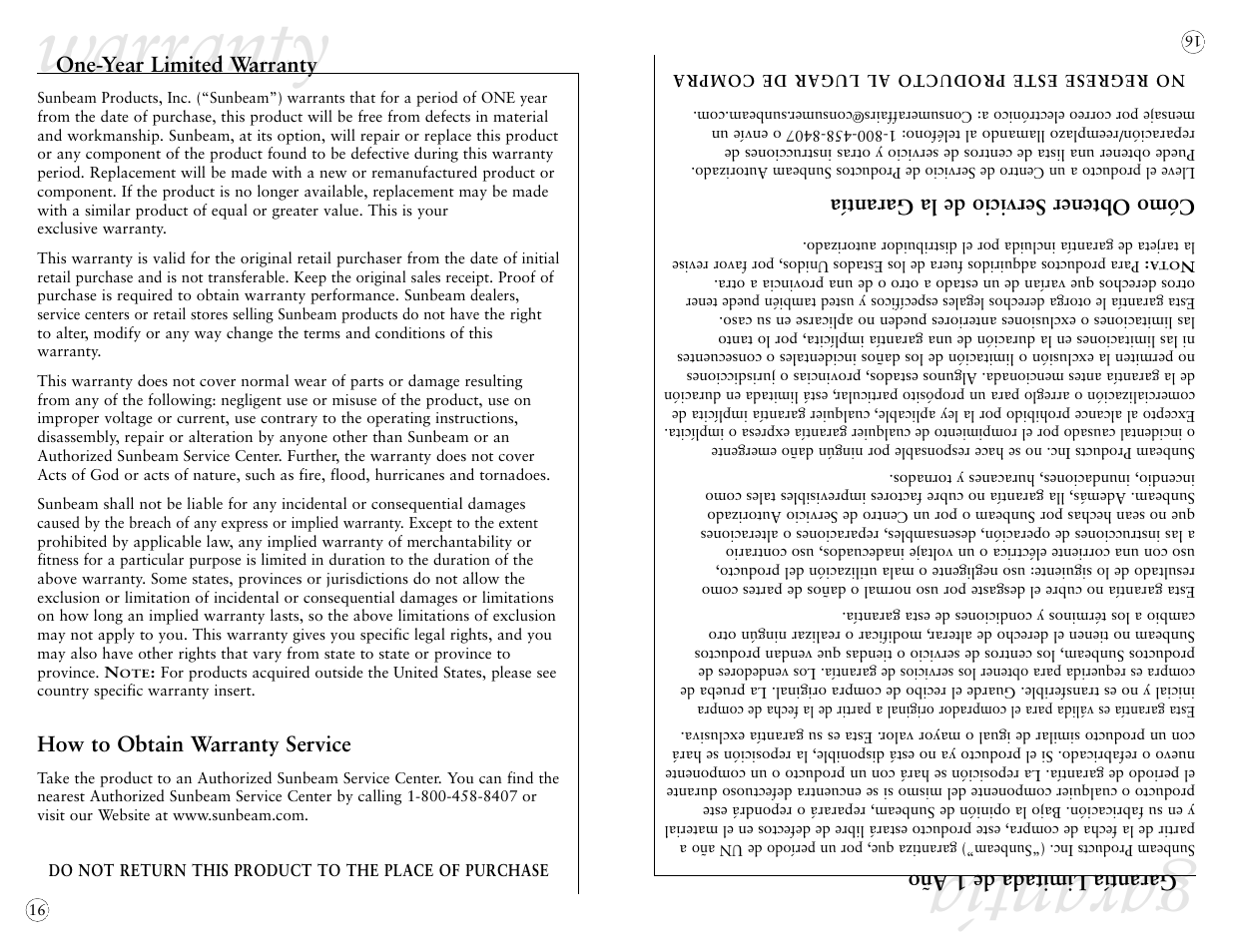 Warranty, Garantía | Sunbeam 4042 User Manual | Page 18 / 40