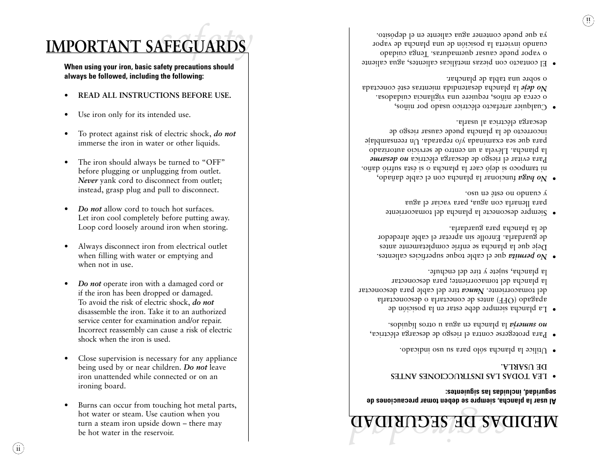 Segirodad safety, Important safeguards, Medidas de seguridad | Sunbeam 4042 User Manual | Page 2 / 40