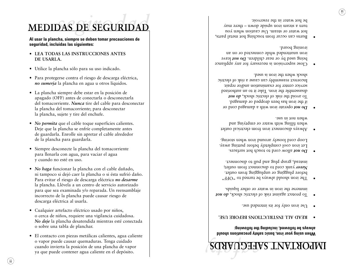 Segirodad safety, Import ant safeguards, Medidas de seguridad | Sunbeam 4042 User Manual | Page 22 / 40