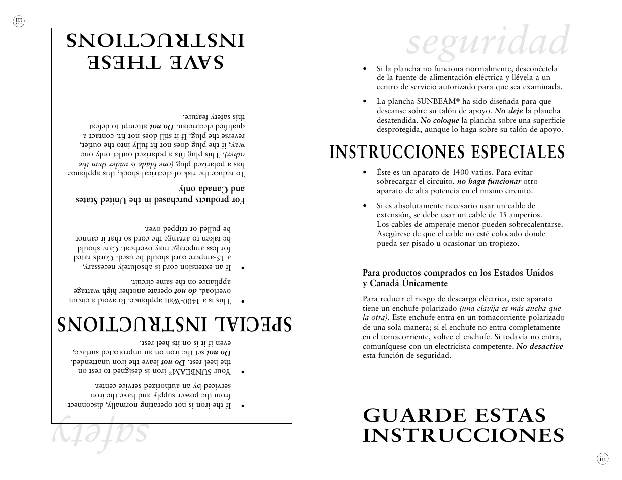Seguridad, Safety, Special instructions | Sa ve these instructions | Sunbeam 4042 User Manual | Page 23 / 40