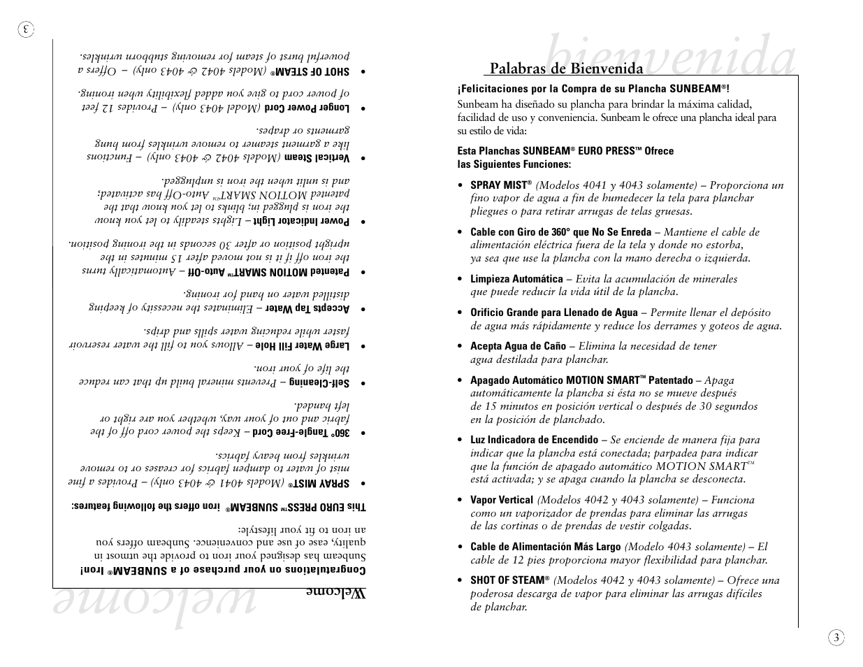 Welcome, Bienvenida, Palabras de bienvenida | Sunbeam 4042 User Manual | Page 25 / 40
