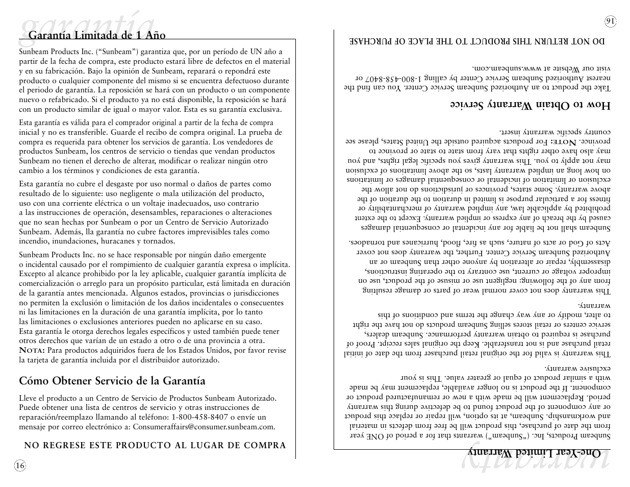 Warranty, Garantía | Sunbeam 4042 User Manual | Page 38 / 40