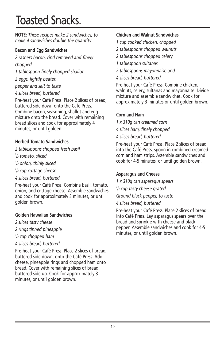 Toasted snacks | Sunbeam GR8210 User Manual | Page 10 / 11