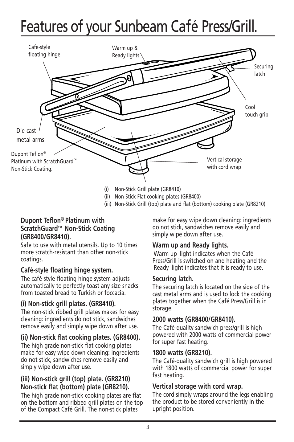 Features of your sunbeam café press/grill | Sunbeam GR8210 User Manual | Page 3 / 11