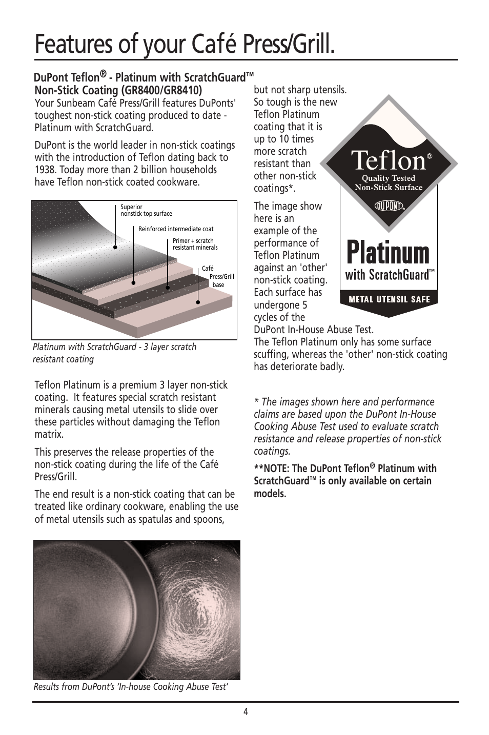 Features of your café press/grill, Dupont teflon, Platinum with scratchguard | Sunbeam GR8210 User Manual | Page 4 / 11