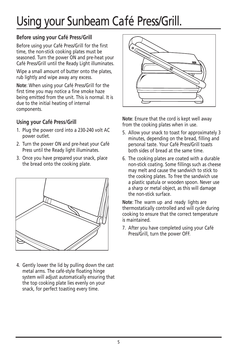 Using your sunbeam café press/grill | Sunbeam GR8210 User Manual | Page 5 / 11